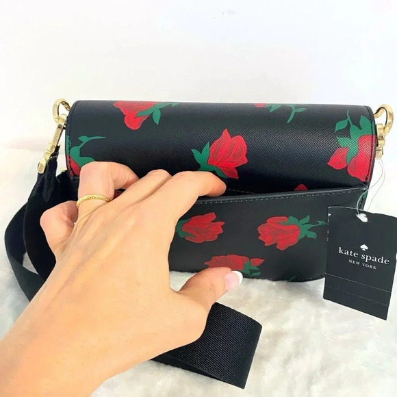 Kate Spade Purse Madison Black with Rose Print Saddle Bag NWT - Picture 7 of 12
